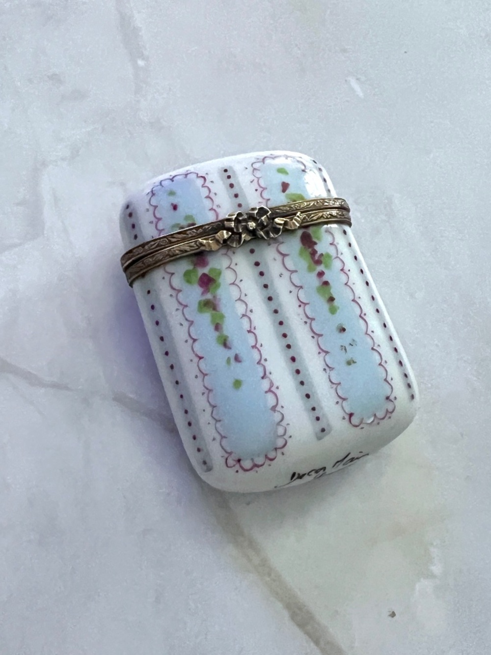 Vintage Limoges France Rare Flat Cushion Trinket Box Hand Decorated Blue Stripe